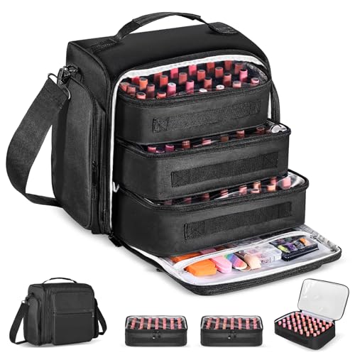 Extra Large Nail Polish Organizer Case Holds 105 Bottles with 3 Removable Pouches for Manicure Tools, Supplies, Nail Lamp, Gift for Girls