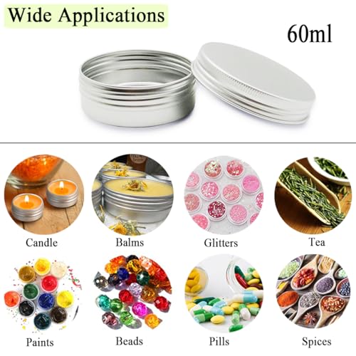 20pack 60ml Aluminum Tin Jars, 100ml Empty Travel Cosmetic Sample Container, 2oz Metal Tins 5 gram Cans 30ml Storage Travel Jars for DIY Lip Balms, Face Cream, Candle, Tea, Paint (mixed size)