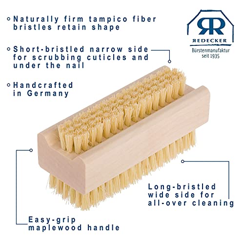 Redecker Tampico Fiber Nail Brush with Untreated Maple Wood Handle, Set of 2, 3-3/4 Inches