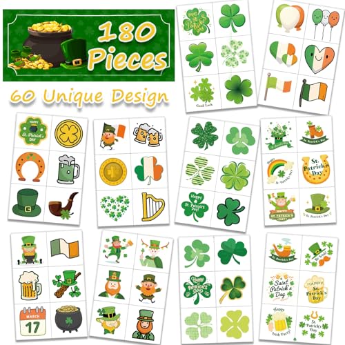 180Pcs St-Patrick's Day Temporary Shamrock-Tattoos - 60Styles Face Tattoos Lucky Irish Saint Pattys Art Makeup Party Birthday Decorations Favors Supplies Traditional Holiday Festival Gift Idea