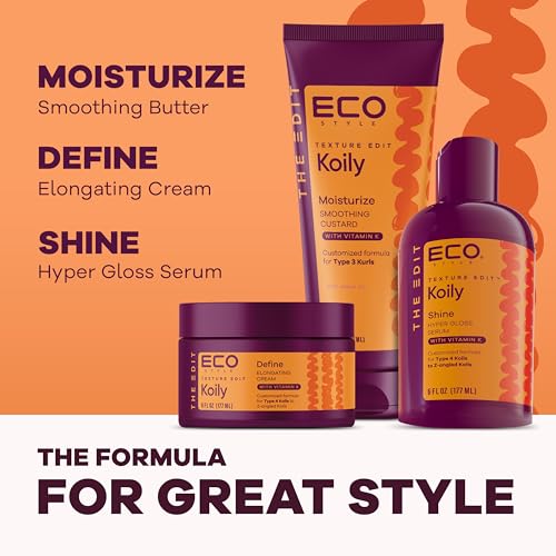 Eco Style, Texture Edit, Koily Shine Hyper Gloss Serum for Type 4 curly hair - A nourishing, sulfate-free rich oil that provides a natural glow and frizz control for kinky curly hair. 6 oz