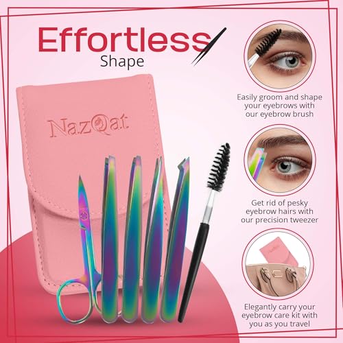 6-Piece Precision Eyebrow Tweezers for Women & Men - Professional Eyebrow & Facial Hair Grooming Kit with 4 Tweezers For Eyebrows, Eyebrow Scissors & Brush - Stainless Steel Tools in Leather Case