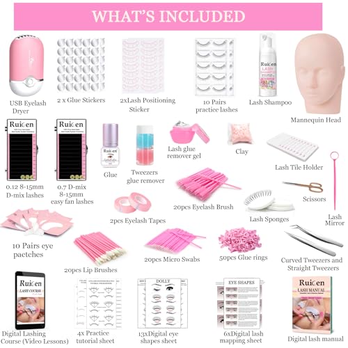 Lash Eyelash Extension Kit for Beginners, Lash Kit for Beginners & Training Course, Beginner Lash Tech Starter Kit Includes Practice Mannequin Head and More Eyelash Extension Supplies Tools