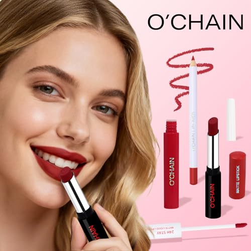 O'CHAIN 3PCS Lip Liner & Lipstick Combo Set, Velvet Matte Lipstick and Matte Liquid Lipstick, Long-Lasting Waterproof and Smudge Proof, Lip Makeup Kit for Women (12 REY)