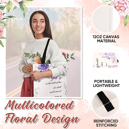 12 Pcs Christian Gift Bible Tote Bags for Women Christian Makeup Bags Bulk Inspirational Religious Floral Canvas Church Bag Reusable Bible Verse Toiletry Pouch for Women Travel Gift