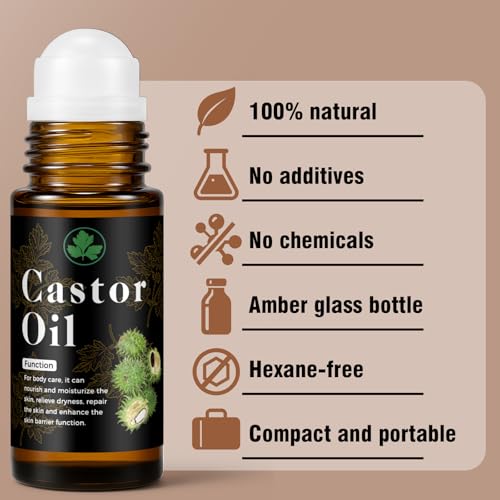 Organic Castor Oil Roll on ? 100% Pure & Cold Pressed Organic Castor Oil for Face, Body, Hexane Free, Glass Bottle ? Hair & Eyelashes Growth, Moisturize Skin, 1fl oz