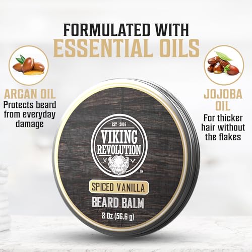 Viking Revolution Spiced Vanilla Beard Balm for Men (2oz) and Beard Wash, Conditioner for Men (17oz each) - Beard Softener, Moisturizer With Argan, Jojoba Oil