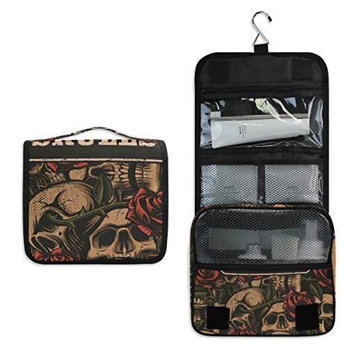 ALAZA Skull With Rose Vintage Travel Toiletry Bag Hanging Multifunction Cosmetic Case Portable Makeup Pouch Organizer with Hook