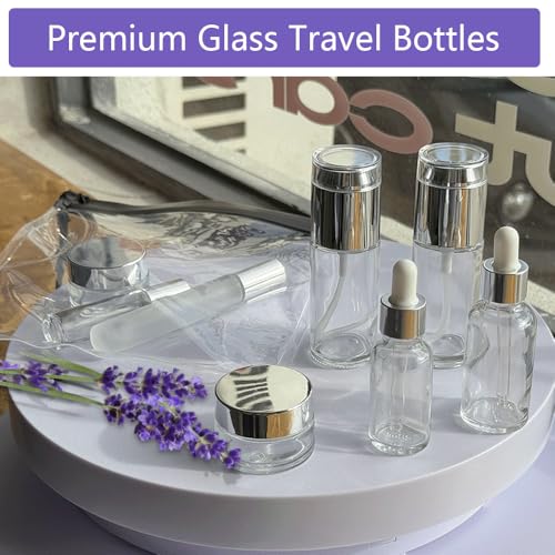 18Pack Glass Travel Bottles for Toiletries, TSA Approved Glass Travel Containers 1.35/0.7/1 oz Silver Small Travel Bottles with Label, BPA Free Leak Proof with Pump Spray Bottles for Makeup, Skincare