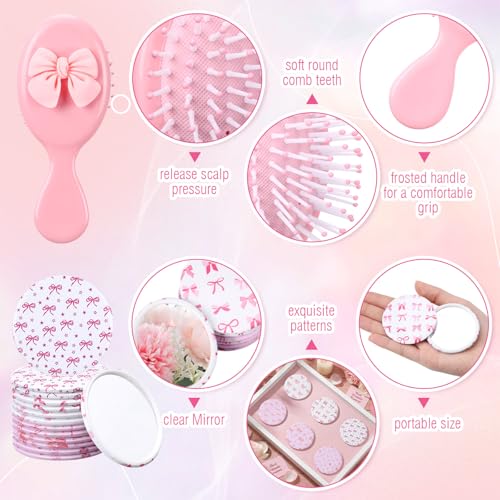 48 Pcs Coquette Bow Party Favors for Women Bow Compact Mirrors Mini Hair Brush Scrunchies Ties Organza Bags Thank You Gift Baby Shower Supplies