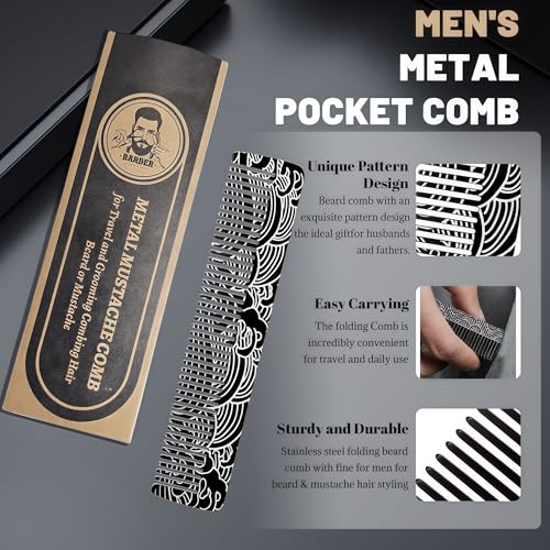 Metal Beard & Mustache Comb for Men - Pocket Comb with 3D Pattern Design for Precise Styling - Durable, Compact, Travel-Friendly Grooming Tool for Facial Hair Care (4.65inch) - Wave