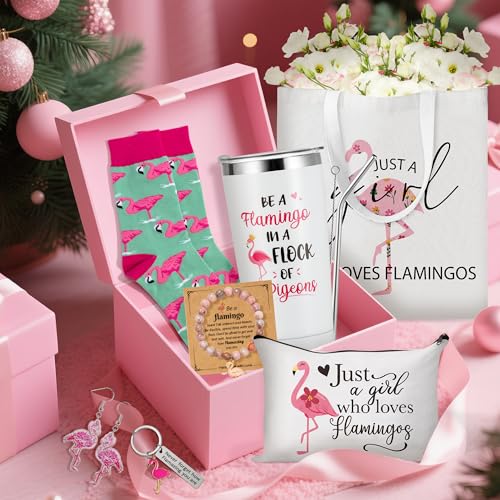 Y1tvei Flamingo Canvas Bag Gifts - 11Pcs Just A Girl Who Love Flamingos Canvas Tote Bag Makeup Pouch, Thermos Cup Stockings Pink Bracelet Card Adorable Earrings Keychain, Flamingo Lover Gift for Girls