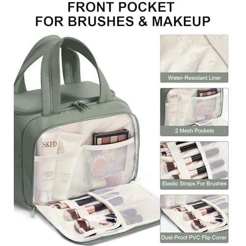 Travel Toiletry Bag for Women, Lightweight Large Quilted Puffy Makeup Bag Wide-open Make up Organizer Cloud Cosmetic Bag w/Handle for Traveling Toiletries Essentials Accessories Sage Green