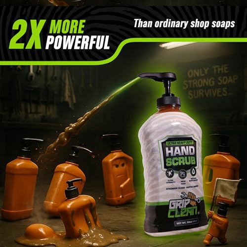 Grip Clean Heavy-Duty Hand Cleaner for Mechanics with Nail Brush - Moisturizing Coconut Oil Hand Cleaner Liquid Hand Soap with Stiff Bristle Nail Brush, Lime Scent - 32 Fl Oz Pump Top + Brush