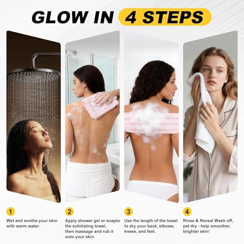 Blissal 2-in-1 Exfoliating Shower Towel,47" Advanced Exfoliating Microfiber Towel, Premium Scrub Wash Cloth for Body Face,Travel Friendly, Quick Drying Travel Bath Washcloth (Black+Pink)