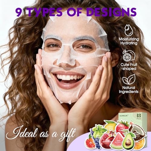 18 Pack Fruit Shaped Face Masks Skincare, Collagen Hydrating and Moisturizing Sheet Face Mask Skin Care, Bulk Valentines Day Gifts, Spa Party Gifts, Teacher Gifts and Mothers Day Gifts for Mom