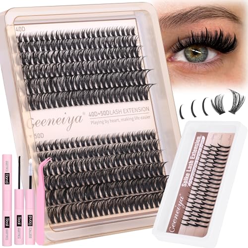 Geeneiya Lash Clusters with Spikes Fairy Cluster Eyelash Extensions Kit 40D+50D Lash Extension Kit 8-18MM Wispy D Curl Spiky Individual Lashes Kit with Lash Bond and Seal for Beginners