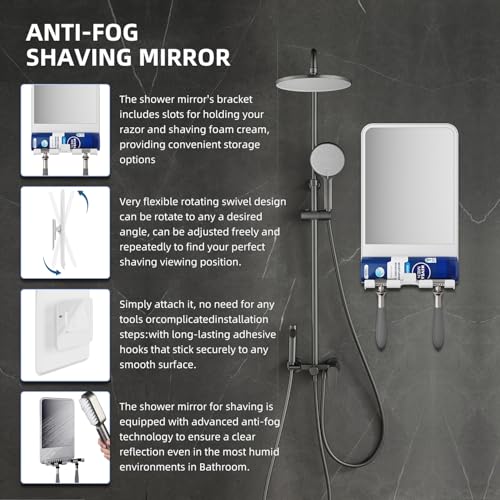 Shower Mirror for Shaving Fogless with Multifunctional Storage for Razor and Shaving Foam Canister, Adhesive or Screw Optional Installation,Adjustable Angle, White