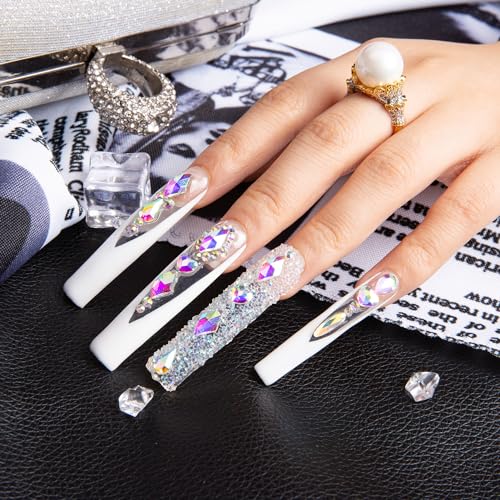 LOVFUL Press on Nails Candy Diamonds & White French Tip | Luxury Spring French Tip Glossy Press On Nails with Bling | Square Long 2.2 in | H36 (L)