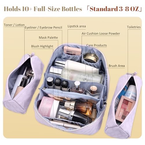BOYATU Travel Makeup Bag for Women: 3-Piece Quilted Cosmetic&Toiletry Organizer - 2 Detachable Pouches Expandable Storage for Travel Essentials,Opens Flat for Packing,Waterproof PU Leather(Purple)