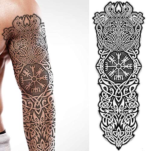 temporary tattoo full arm stick on body art viking icelandic medieval celtic transfer for women and men cosplay halloween adult aegishjalmur temp tattoo tree of life wolfs fancy dress