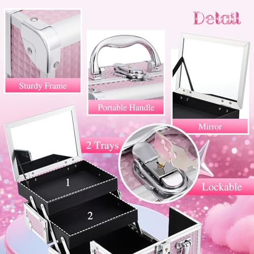 Joligrace Makeup Case Portable Makeup Box Travel Train Case Cosmetic Case Organizer with 2 trays Mirror Locking Make Up Storage Vanity Craft Nail Case Traveling Cosmetic Box for Girls Pink
