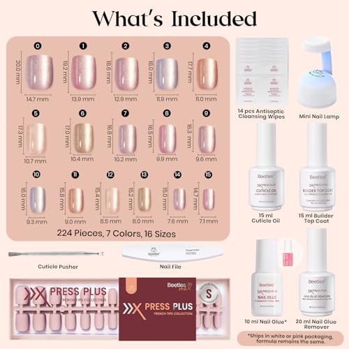 Beetles X Press Plus Gel Nails Kit - Candy Nova | 7 Colors Nude Cat Eye Press On Nails Short Square | 224Pcs 16 Sizes All-in-One Kit With Nail Glue,Remover,Builder Top Coat,Nail Lamp Gift