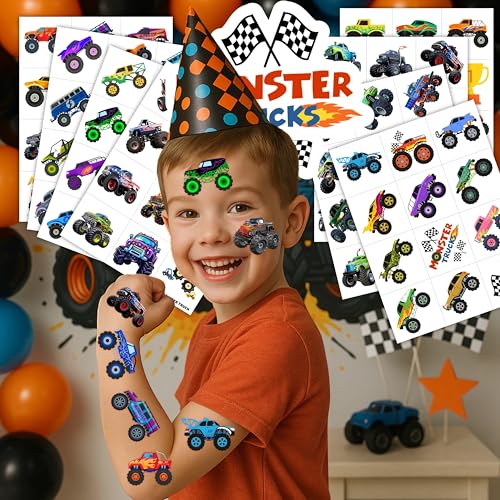 96PCS Monster Truck Pre-Cut Temporary Tattoos for Kids - Super Cute Birthday Party Supplies, Favors, and Decorations - Fake Tattoos Stickers for Boys, School Rewards, and Gifts (Normal)