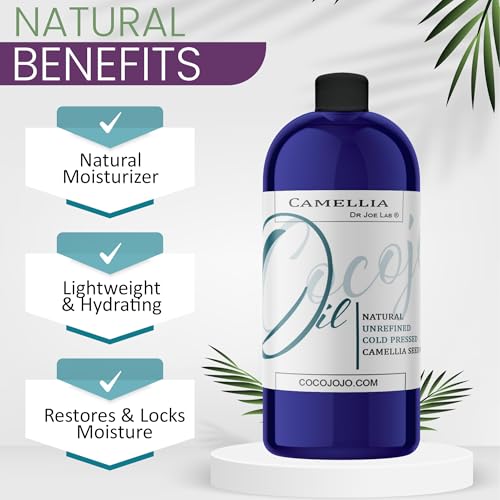 Dr Joe Lab Japanese Camellia Seed Oil - Pure, Unrefined, Cold Pressed, Non-GMO Bulk Carrier - 32 oz - for Skin, Hair, Nails, Body, Facial Hair - Hydrating Moisturizing Vegan - Packaging May Vary