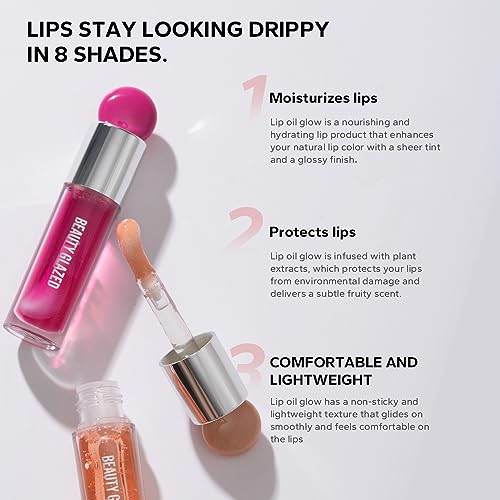 Beauty Glazed Color Variety Non-Sticky Ultra-Hydrating & Nourishing Lip Oil, Smooth Glossy Finish Luxurious Lip Glow Oil, Shiny and Vegan Tinted Lip Gloss, Big Brush Applicator (106# PLUM)