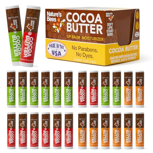 Nature's Bees Cocoa Butter Lip Balm, Lip Care for Dry Lips, Coconut Oil, Beeswax, Vitamin E, Aloe, & Shea Butter, 0.15 oz Each, 3 Flavors Coconut, Cherry, and Mint, 24 Pack - Packaging May Vary