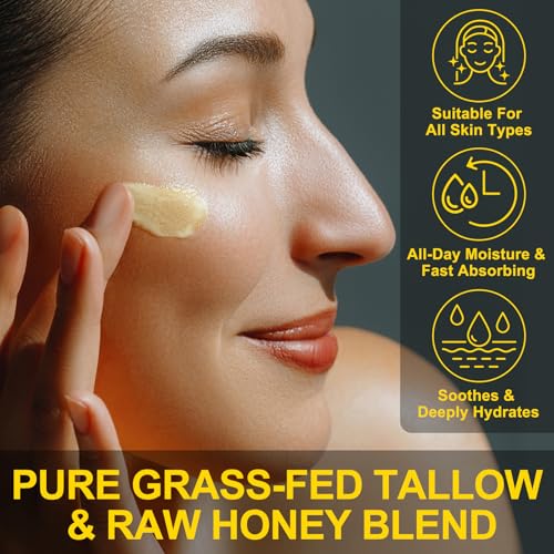 Beef Tallow for Skin, Whipped Tallow Honey Balm for Face -Fed Beef Tallow & Raw Wild Honey - Organic Moisturizer for Soft, Smooth Skin- Light Scent, Moisturizing Natural Formula, 8.4 Oz