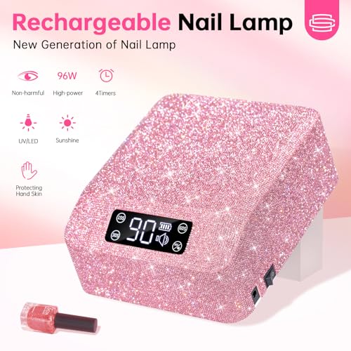 UV Light for Gel Nails, CHRISTINE SHELLY UV Nail Lamp, 96W Rechargeable Professional Diamond LED Nail Dryer with 4 Timer Setting, Touch Control&Auto Sensor, Fast Nail Light Curing Lamp for Salon&Home