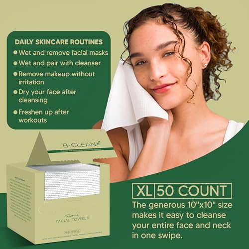 B-Clean Premium Facial Towels - Extra Soft, Tear -Resistant, Lint Free, Disposable, Vegan, Fragrance-Free Hygienic Skincare Towels for Daily Cleansing and Makeup Remover Dry Wipes (50 Count Pack of 4)