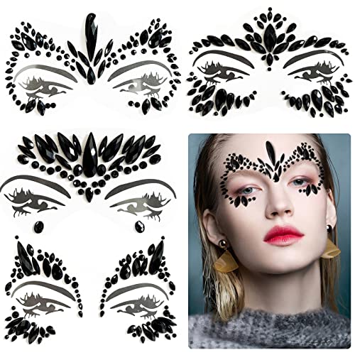 Mermaid Face Jewels - 4-Sheet Black Festival Sticker, Body Rhinestone Gems Rave Rainbow Face Crystals for Halloween, Music Carnival Festival Party Makeup