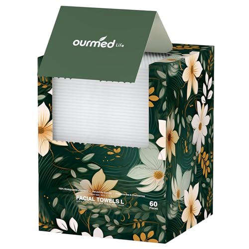 Ourmed Life Face Towels, 12"¡¿12" Tear-Off Disposable Biodegradable Facial Towels for Sensitive Skin, Lint- free Face Wipes for Washing Face, Skincare and Makeup Removal, Dry Wipes, (60 Ct, 1 Pack)