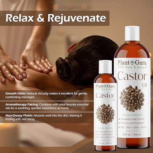 Plant Guru Castor Oil 8 fl. oz. Unrefined, 100% Pure Natural Hexane-Free, USP Grade, Hair Growth, Eyebrows and Eyelashes. Skin, Face and Body Moisturizer.