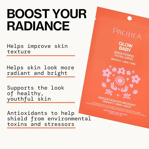 Pacifica Glow Baby Brightening Vitamin C Face Mask 4-Pack ? Hydrating Serum-Soaked Sheet Mask for Glowing Skin, Fights Dullness & Dark Spots, Infused with Aloe & Kelp, 100% Vegan & Cruelty-Free?