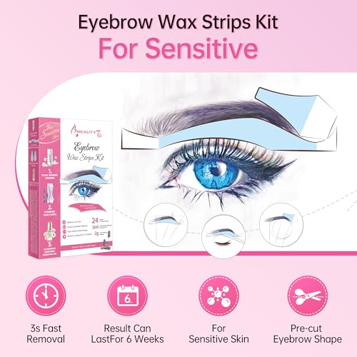 Beauty7 Sensitive Eyebrow Wax Strips Kit - 24 Strips with Pearl Powder & Essential Oil for Women with Sensitive Skin