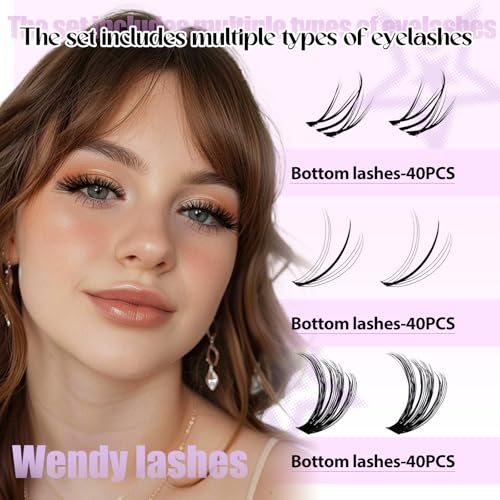 WENDY LASHES Clusters Kit With Bottom Lashes 40D+40D+50D+60D+60D+80D 1440Pcs Wispy Eyelash Clusters 10-18mm Natural DIY Lash Extension Kit D Curl for Beginners