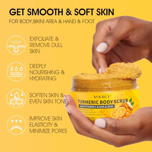 Turmeric Body Scrub, 10% AHA/BHA & Vitamin C Exfoliating Body Scrub, Body Exfoliator for Body Hand Foot Bikini Area, Smooth & Moisturized Skin for Women and Men - 11.3oz