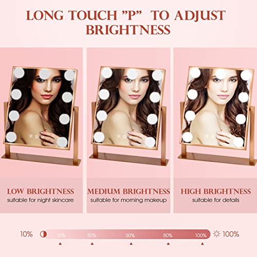 Makeup Mirror with Lights, Hollywood Mirror Lighted Vanity Mirror with 9 LED Bulbs, Touch Control Design 3 Colors Dimmable Bulbs Detachable 10X Magnification 360¡ÆRotation(Rose Pink)