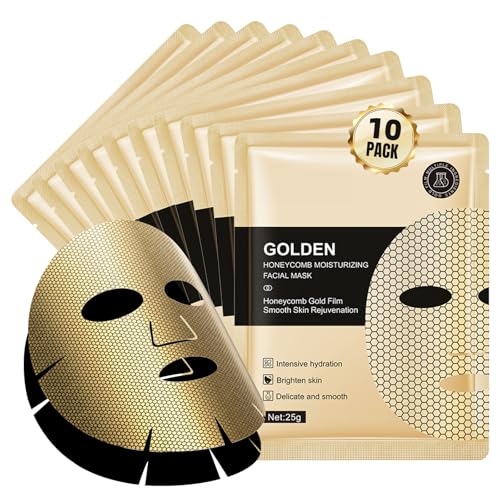 10 Packs Golden Honeycomb Moisturizing Facial Mask, Deep Hyrating Spa Masks with Honeycomb Design for All Skin Types, Gift for Wife' Birthady Party, Girl's Night, Enjoy Skincare Life
