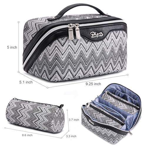 BOYATU Travel Makeup Bag for Women: Western Boho Make up Bag Set of 3 - Large Capacity Vegan Leather Cosmetic Bag - Waterproof Toiletry Bag with Compartments & Handle & Divider(J-3-Black)