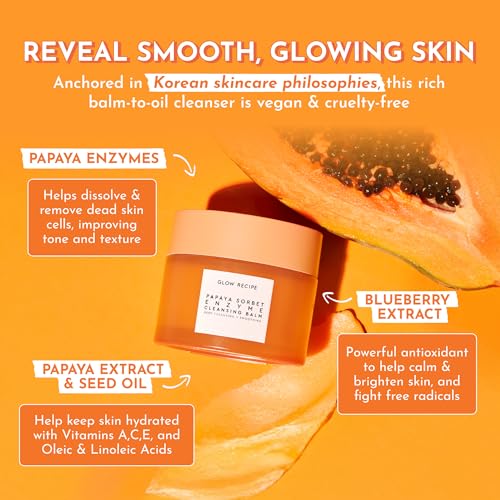 Glow Recipe Papaya Enzyme Cleansing Balm, Korean Double Cleanse First Cleanser, Makeup Remover + Cleansing Oil Balm, Gentle Exfoliating Face Cleanser, Hydrating (3.38 oz)