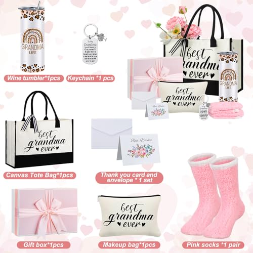 Paterr 7 Pcs Best Grandma Nana Gifts 20oz Stainless Steel Tumbler Tote Bag Sock Keychain Gift Card for Birthday Mother's Day