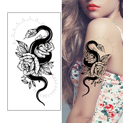 Glaryyears Snake Tattoos for Adults Women Men, 15-Pack Large Realistic Fake Tattoos, Serpent Swords Rose Temporary Tattoo Stickers, Scary on Half Arm Body Tribal