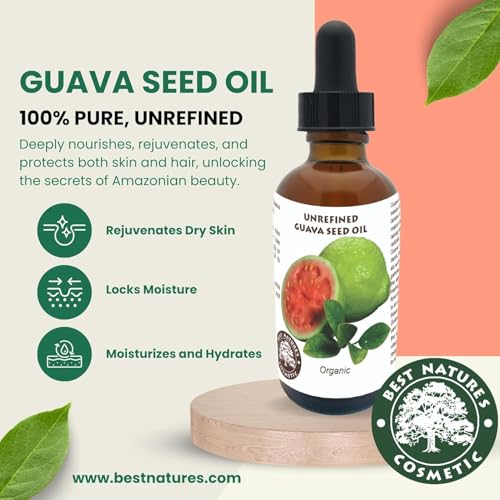 Best Nature's Cosmetics Organic Guava Seed Oil - Cold Pressed for Skin & Hair ? Vitamin C Rich, Antioxidant-Rich Hydrating Oil for Glowing Skin & Frizz-Free Hair - 4 oz / 120 ml