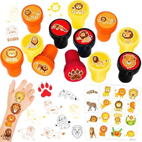 36PCS Lion Party Favors - 24PCS Pre-Cut Temporary Tattoos & 12PCS Stamps - Ideal Safari Jungle Animal Themed Birthday Card Decorations Supplies Goodie Bag Kids Gifts Classroom Rewards Prizes