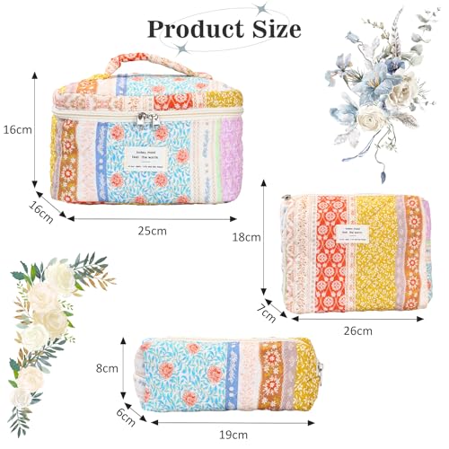3Pcs Quilted Makeup Bag - Cotton Large Floral Makeup Bag, Travel Cosmetic Bag Cute Flower Aesthetic Floral Toiletry Organizer Bag Set for Women (08Yellow-Red)
